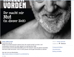 Ausschnitt aus Bildzitat Screenshot Facebook Dieter Hallervorden Posting vom 14.09.2015