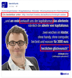 Ausschnitt aus Bildzitat Screenshot Facebook Denkfunk 02.10.15: Christoph Sieber möchte auch (nur?) verkaufen! 