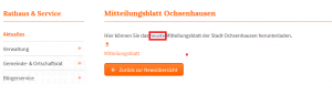 Jeweils nur das aktuelle Amtsblatt online vorzuhalten ist auch nicht gerade ein Nachweis von Transparenz. Ausschnitt aus Bildzitat Screenshot von www.ochsenhausen.de.