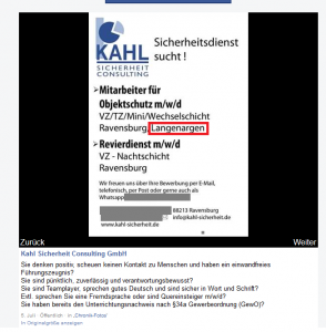 Bildzitat Screenshot (bearbeitet und teilweise anonymisiert) vom Facebook-Account Kahl Sicherheit Consulting GmbH: Es verstört der nicht nachvollziehbare Bedarf an Sicherheitsdienstleistungen in der erbsenkleinen Bodenseegemeinde Langenargen