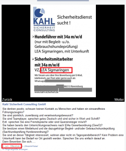 Ausschnitt aus Bildzitat Screenshot (bearbeitet und teilw. anonymisiert) vom Facebook-Account Kahl Sicherheit Consulting GmbH: Mit einer weiteren Stellenausschreibung vom 5. Juli 2019 sucht das Unternehmen Mitarbeiter u. a. für den Einsatz in der LEA Sigmaringen.
