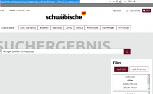 Ausschnitt aus Bildzitat Screenshot (bearbeitet) der Recherche bei SZ online mit den Suchbegriffen "Wangen Schulhof Grundgesetz". Keine Treffer!