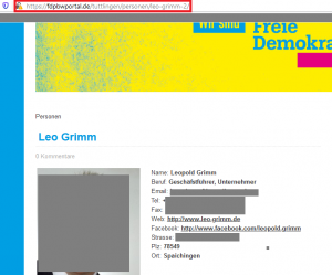 Ausschnitt aus Bildzitat Screenshot FDP Kreisverband Tuttlingen am 24.01.2020: Nahezu alle dort stehenden Angaben zu Leopold Grimm sind falsch oder führen ins Leere. Nicht sehr vertrauenswürdig?