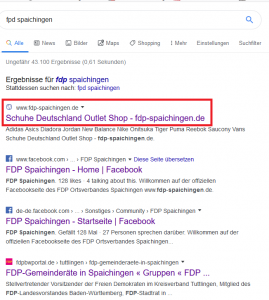 Ausschnitt aus Bildzitat Screenshot Google-Suche auf den Begriff "FDP Spaichingen"
