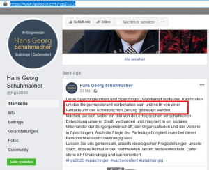 Ausschnitt aus Bildzitat Screenshot Facebook Hans Georg Schuhmacher am 18.02.2020: Zur Causa SPD-Veranstaltung auch hier keine Erklärung. Dafür eine neuerliche Attacke auf die Redakteurin der SchwäZ. 