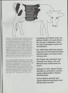 Beispielseite aus der genannten Broschüre: Eiin lockeres Seitenlayout, viele Grafiken und eine einfache eingängliche Sprache informieren sachlich über die Infamie des 1.000-Kühe-Stall in Ostrach-Hahnennest.